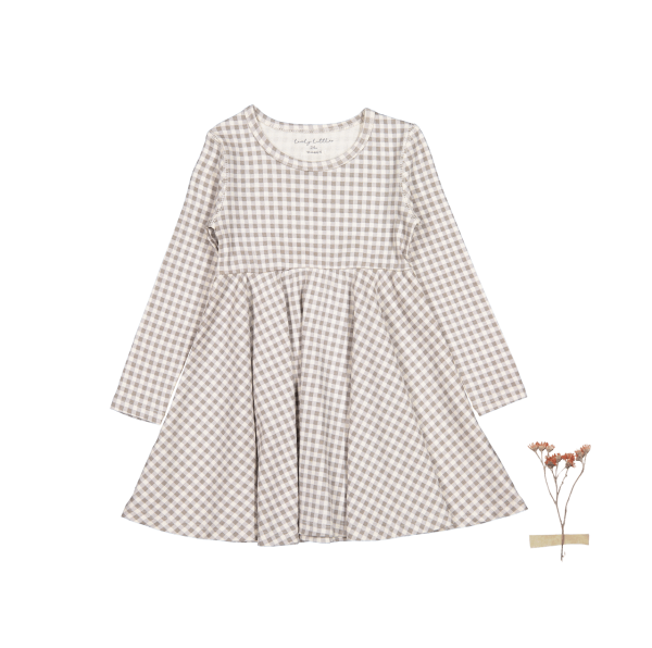 The Printed Long Sleeve Dress - Taupe Gingham Sale