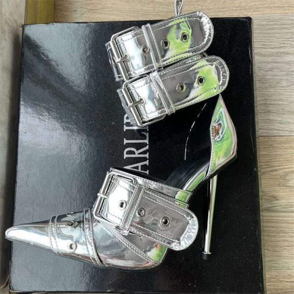 Denim Metal Rivet Buckle Silver Sandals Women s Sexy Punk Style Pointed Metal Hollow 12cm High Heels Size 34-43 Womens Shoes Online - Image 2